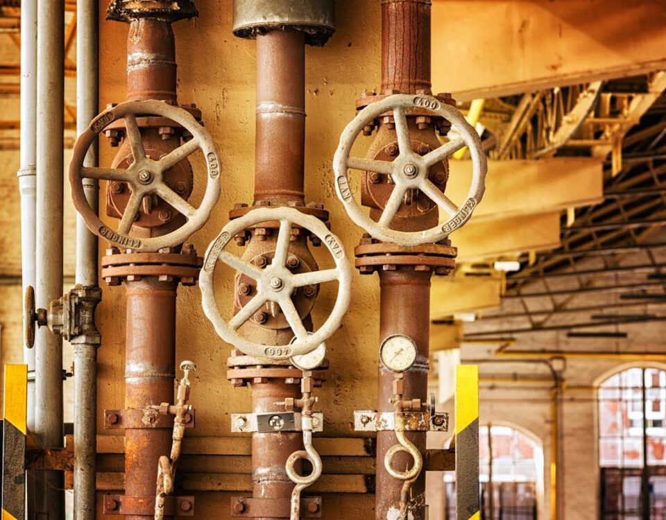 IA na manutenção de sistemas hidráulicos domésticos Close-up of rusty industrial pipes and valves, showcasing aging machinery in a factory setting.
