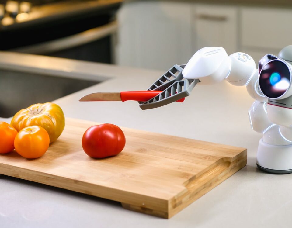 Inteligência artificial pode criar receitas únicas? A futuristic robot assists in slicing a tomato in a modern kitchen setting.