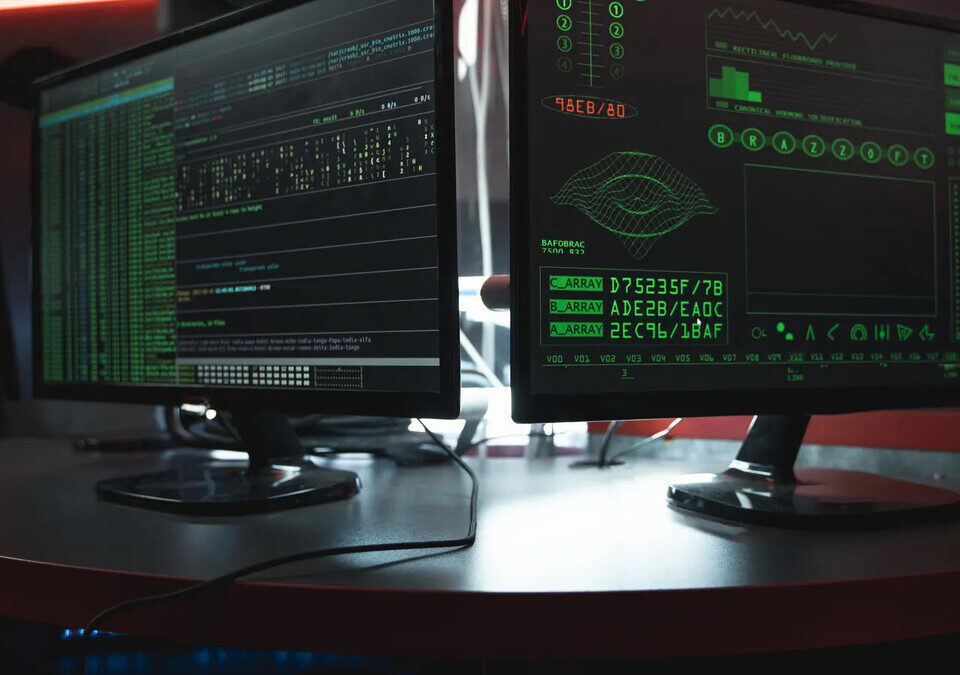 Dois monitores com código em tela verde numa sala escura