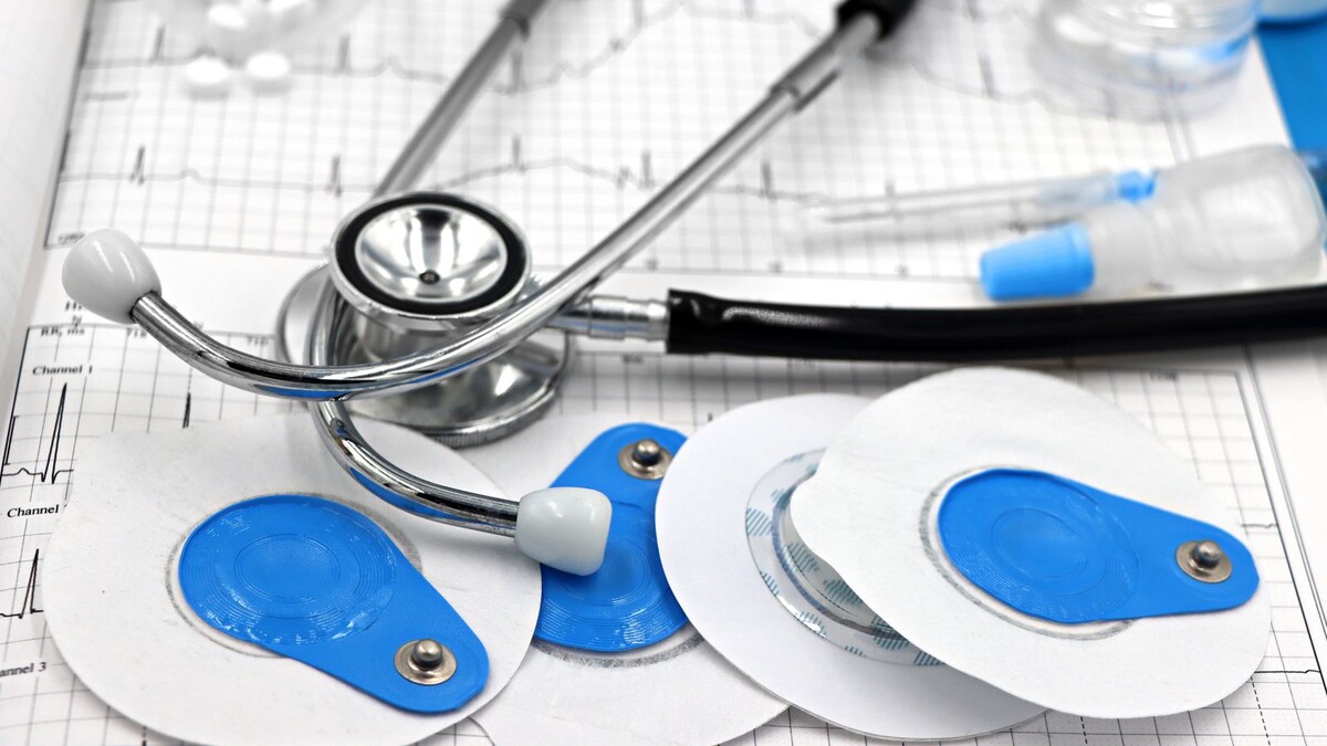 Estetoscópio e eletrodos de eletrocardiograma sobre um traçado cardíaco impresso