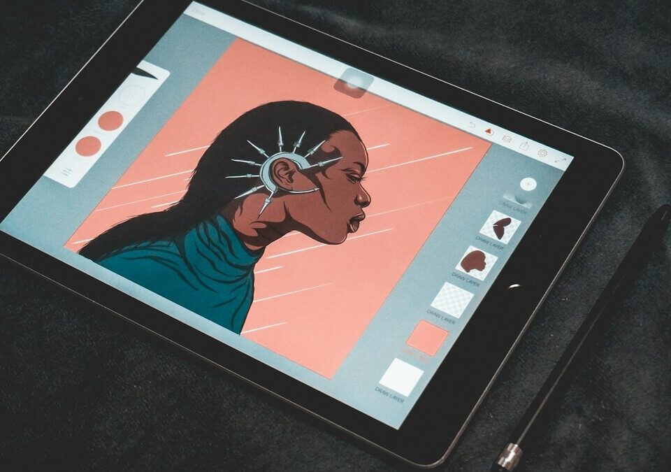 Tablet exibindo uma ilustração digital feita à mão
