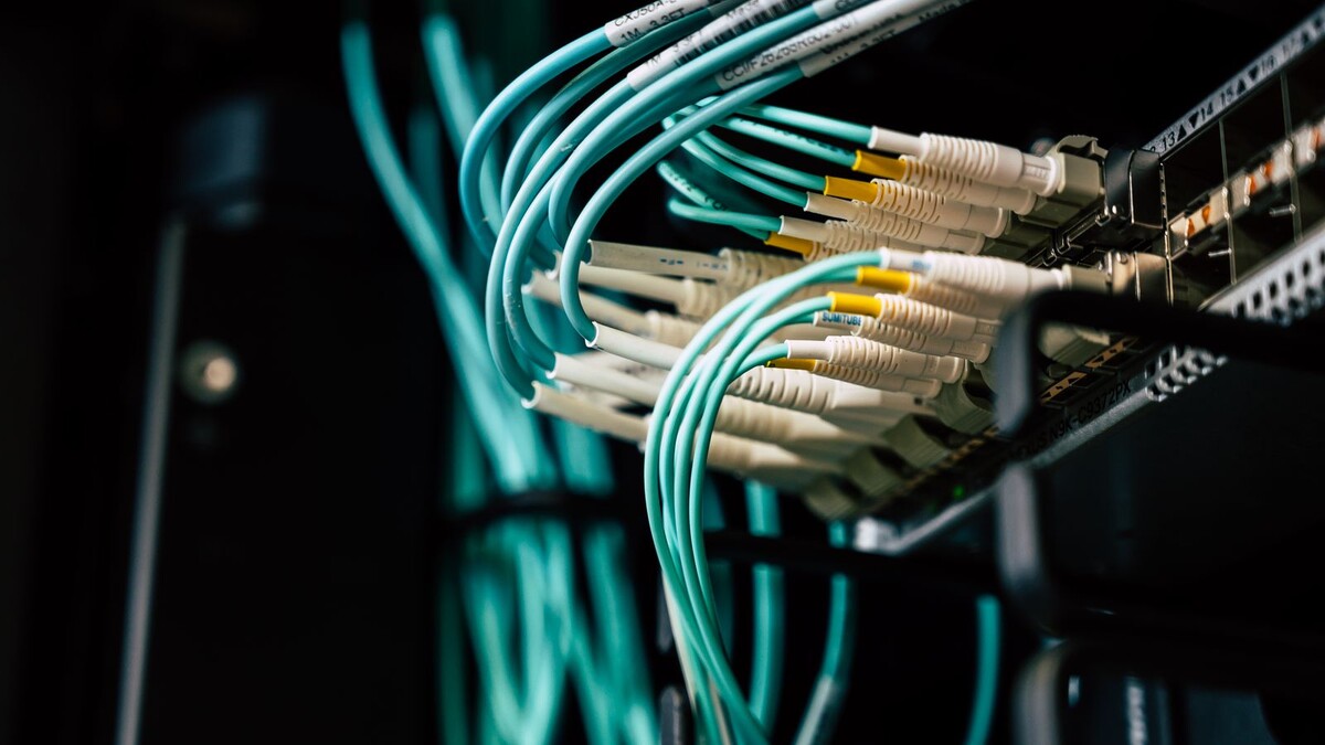Cabos de rede conectados a um servidor em rack de data center